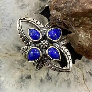 Carolyn Pollack Southwestern Style 4 Lapis Lazuli Flower Cluster Ring For Women